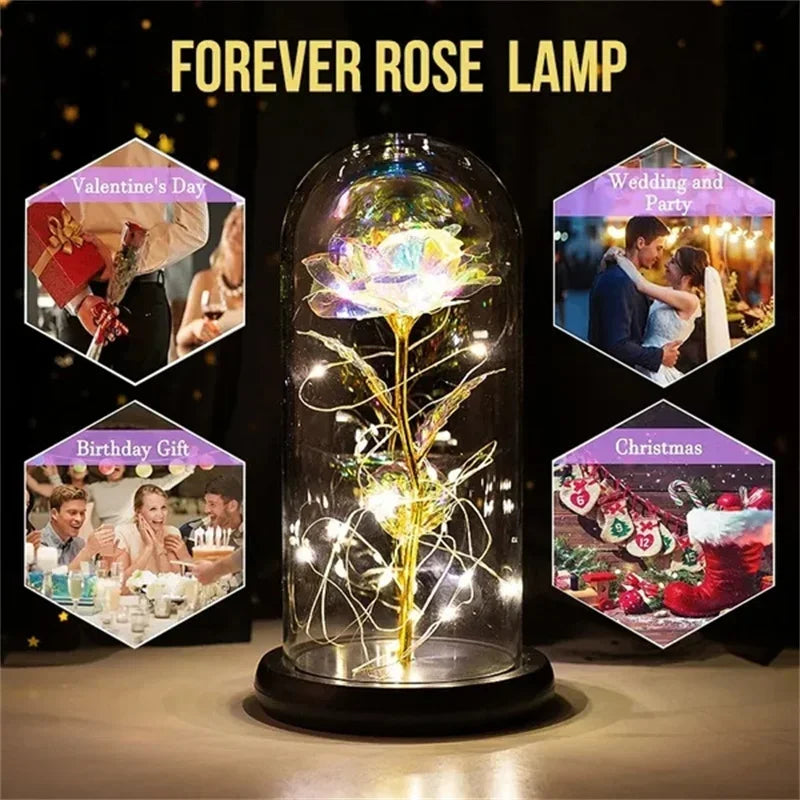 LED Perpetual Rose in Glass Dome with Black Base – Red Night Light Christmas Day Gift