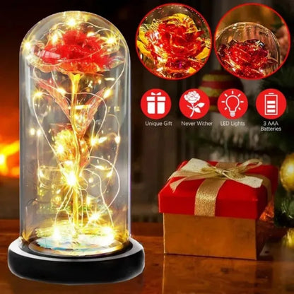 LED Perpetual Rose in Glass Dome with Black Base – Red Night Light Christmas Day Gift